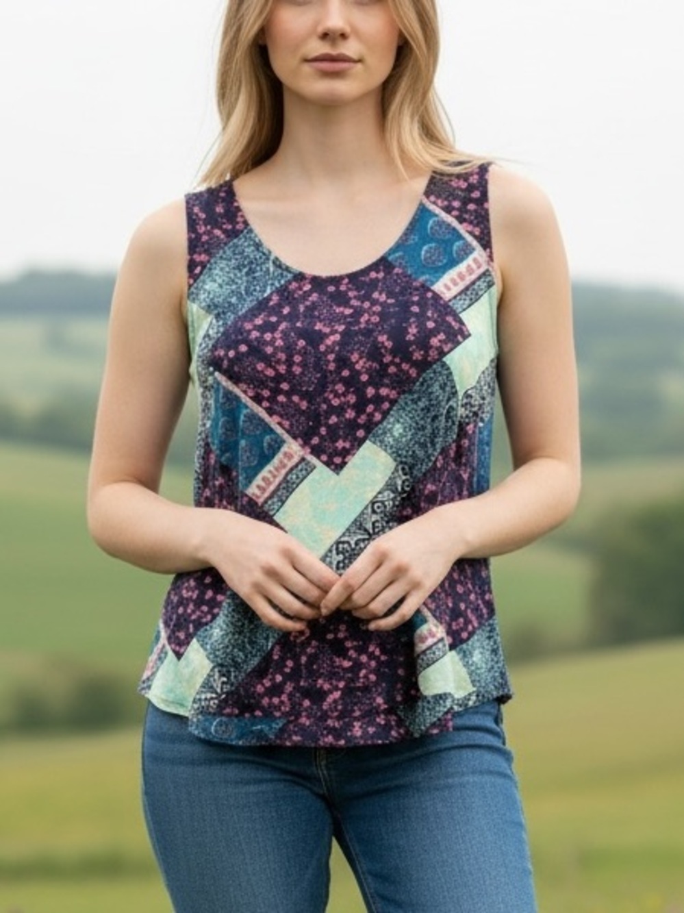 Charming Charlie Patchwork Boho Tank Top XL | Floral Mixed Print Blouse